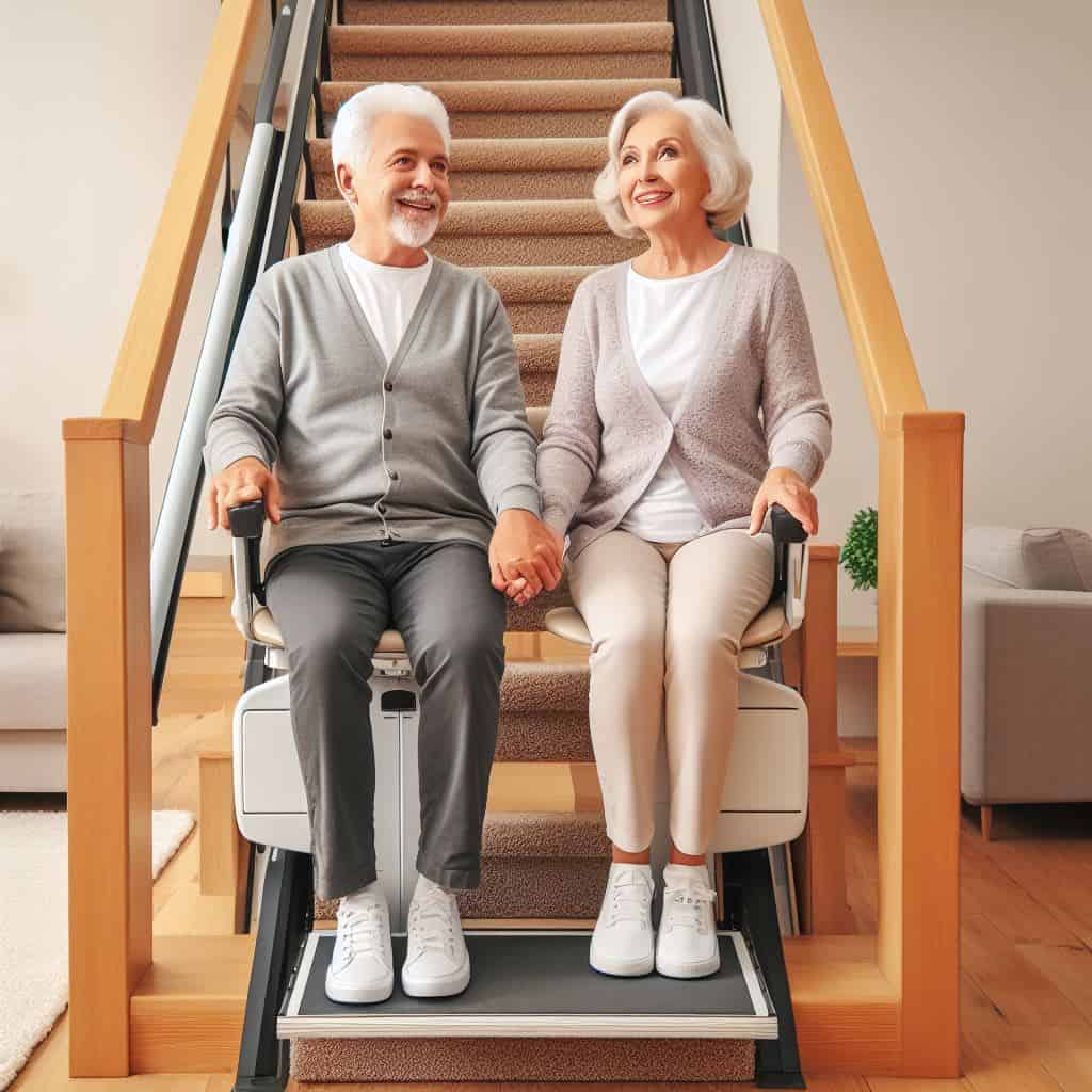 monte escalier en couple pour deux seniors