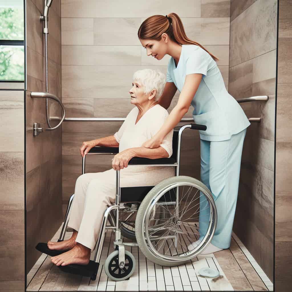 Utilisation d'une douche sécurisée avec personne en fauteuil