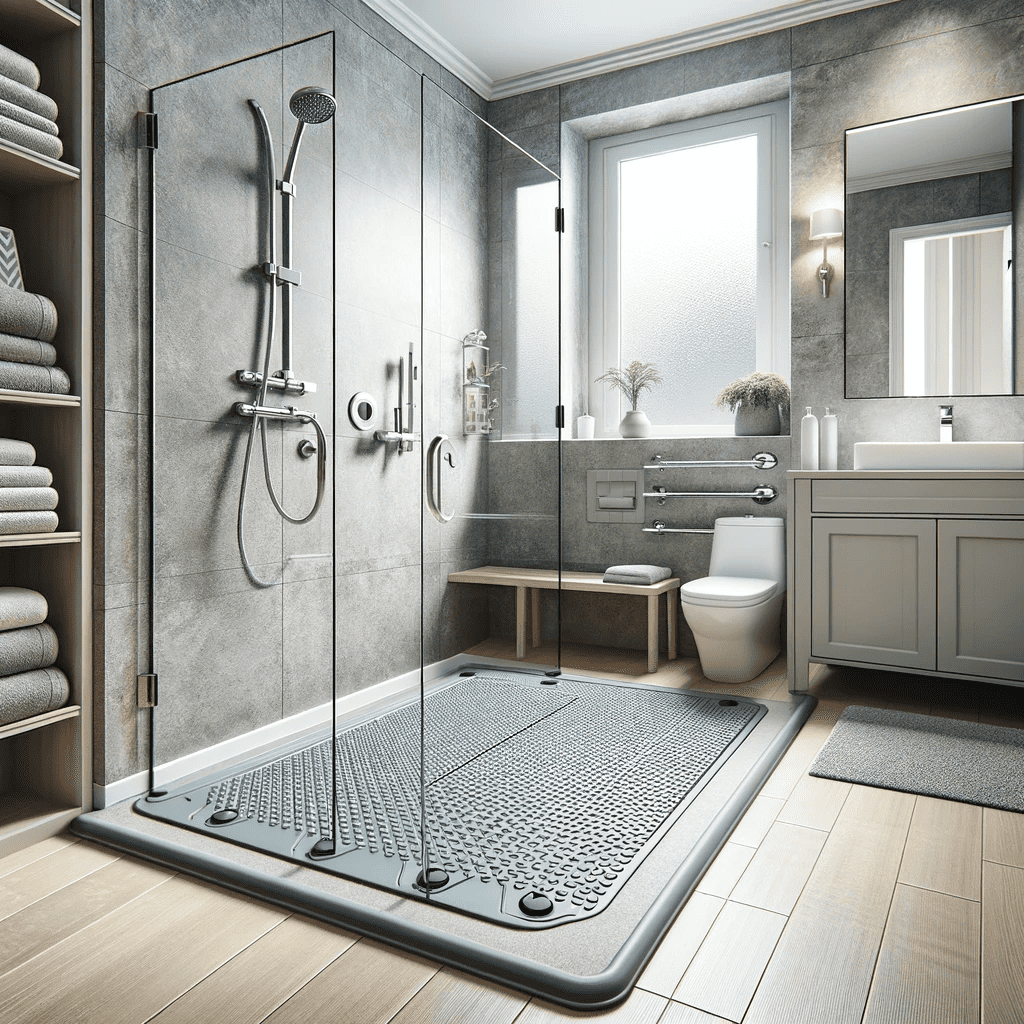 salle de bain moderne équipée d'un tapis de douche sécurisé